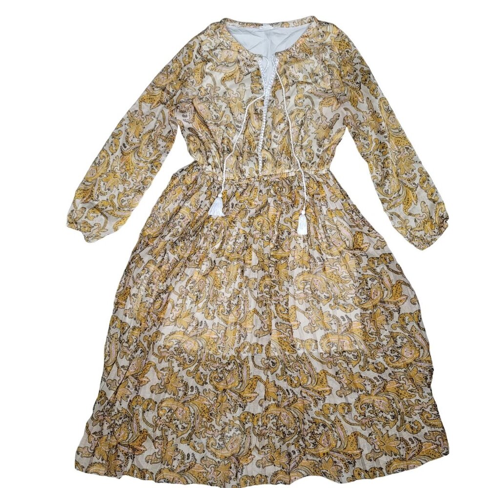 World Market Vintage Boho style Paisley prairy dress Long Sleeve S/M sheet tassl